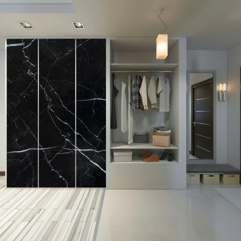 Naklejka na szafę czarny marmur marquina do nowoczesnych wnętrz – Wallissimo® Naklejka na szafę czarny marmur marquina do nowoczesnych wnętrz – Wallissimo®