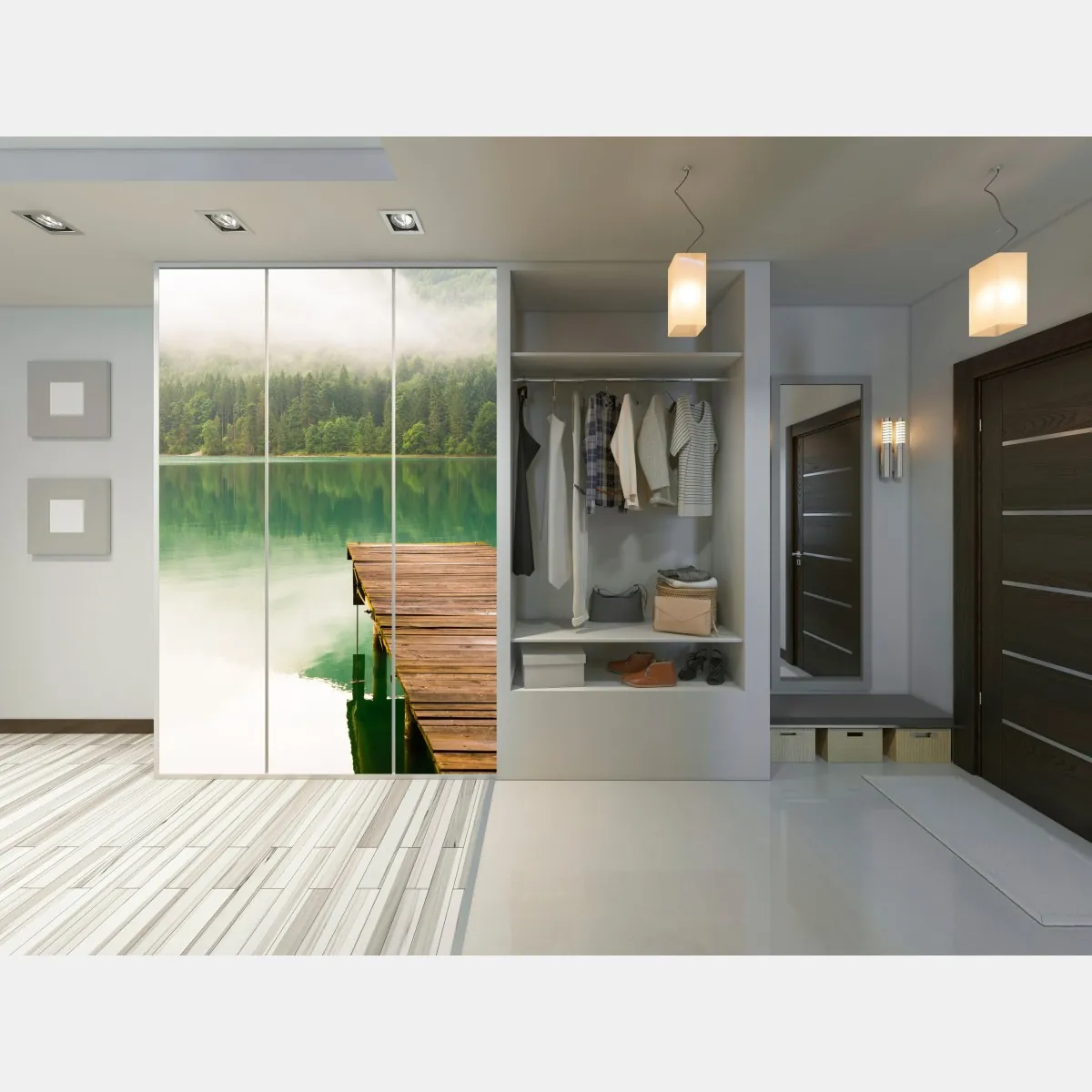 Naklejka na szafę mglisty widok jeziora z drewnianym pomostem – Wallissimo® Naklejka na szafę mglisty widok jeziora z drewnianym pomostem – Wallissimo®