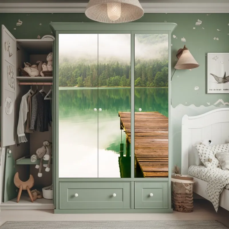 Naklejka na szafę mglisty widok jeziora z drewnianym pomostem – Wallissimo® Naklejka na szafę mglisty widok jeziora z drewnianym pomostem – Wallissimo®