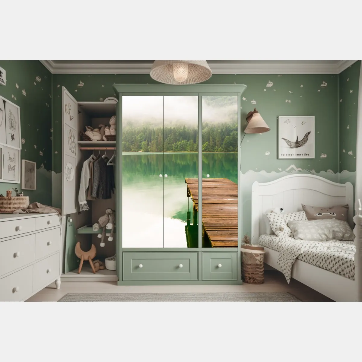 Naklejka na szafę mglisty widok jeziora z drewnianym pomostem – Wallissimo® Naklejka na szafę mglisty widok jeziora z drewnianym pomostem – Wallissimo®