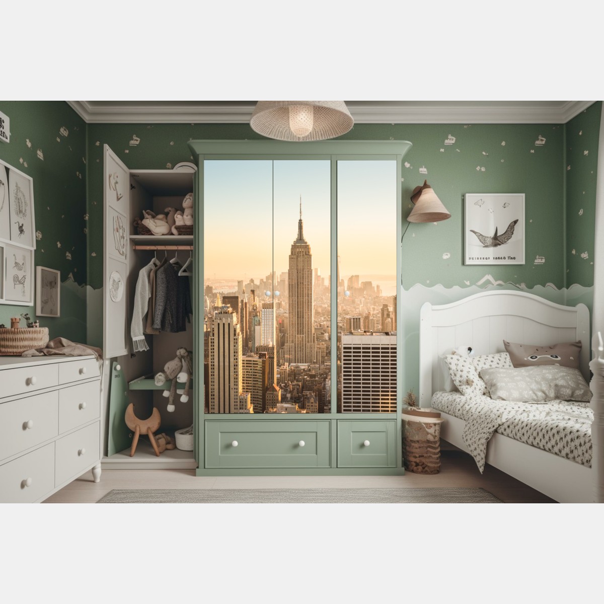 Naklejka na szafę panorama Nowego Jorku o złotej porze – Wallissimo® Naklejka na szafę panorama Nowego Jorku o złotej porze – Wallissimo®