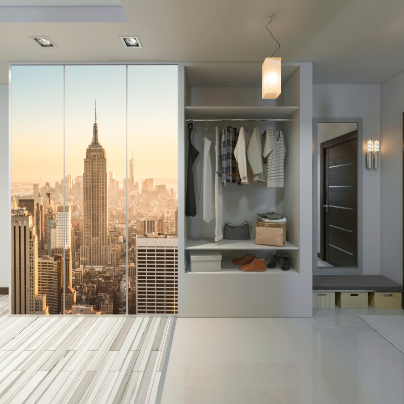 Naklejka na szafę panorama Nowego Jorku o złotej porze – Wallissimo® Naklejka na szafę panorama Nowego Jorku o złotej porze – Wallissimo®