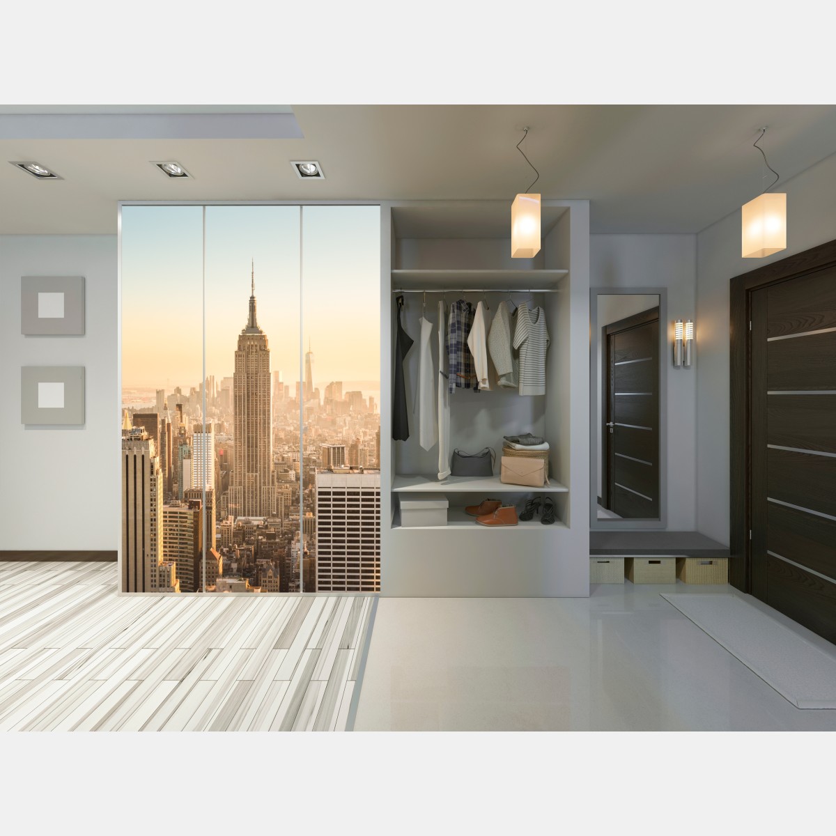 Naklejka na szafę panorama Nowego Jorku o złotej porze – Wallissimo® Naklejka na szafę panorama Nowego Jorku o złotej porze – Wallissimo®