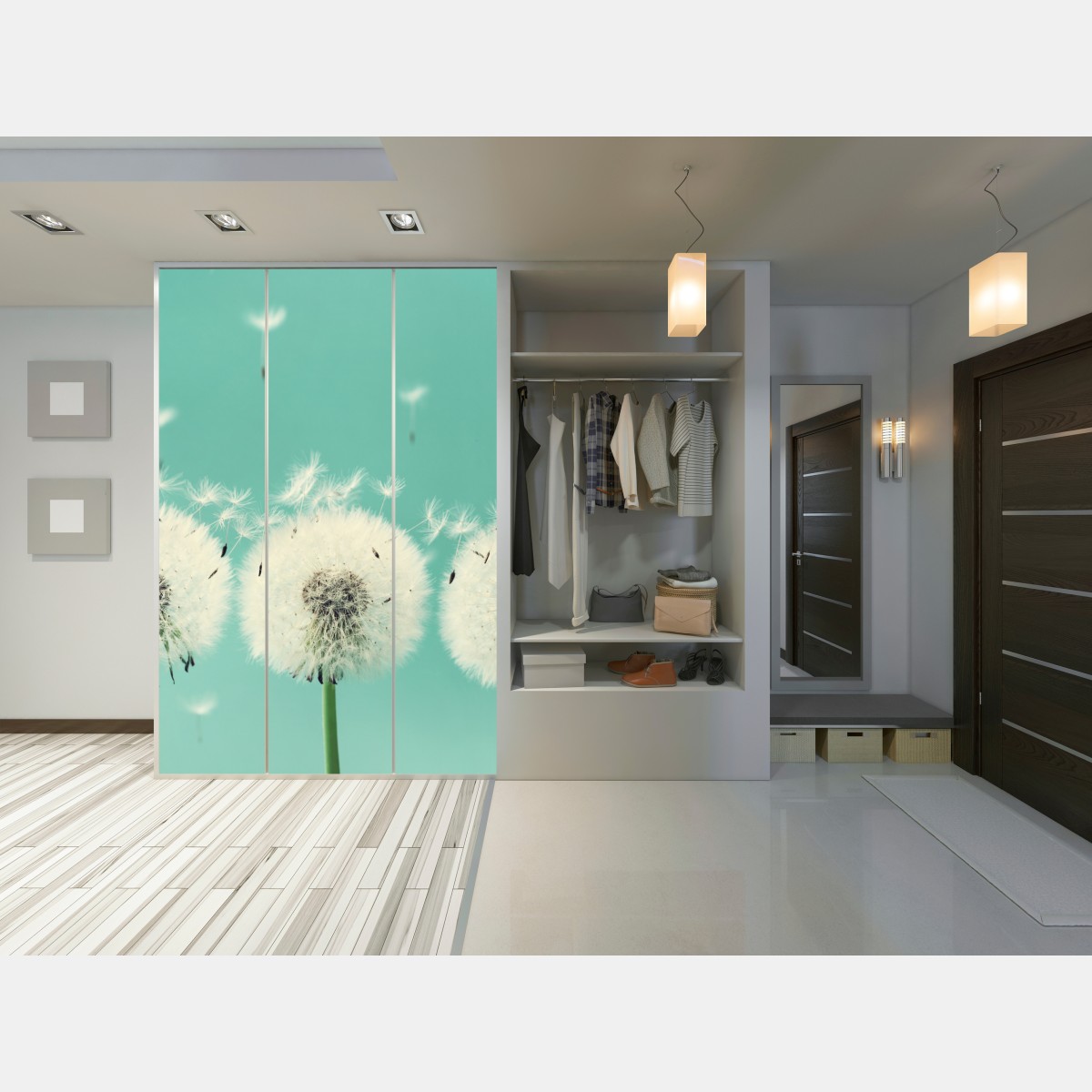 Naklejka na szafę trzy dmuchawce na turkusowym tle – Wallissimo® Naklejka na szafę trzy dmuchawce na turkusowym tle – Wallissimo®