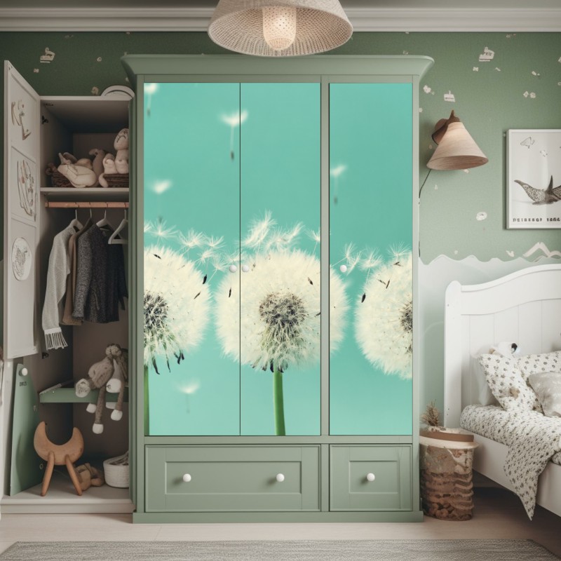 Naklejka na szafę trzy dmuchawce na turkusowym tle – Wallissimo® Naklejka na szafę trzy dmuchawce na turkusowym tle – Wallissimo®