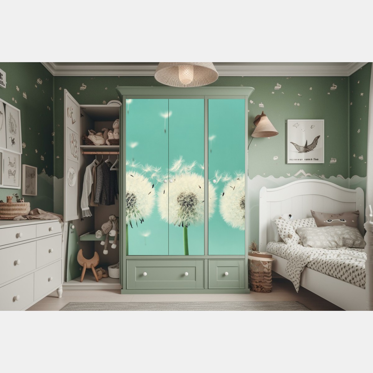 Naklejka na szafę trzy dmuchawce na turkusowym tle – Wallissimo® Naklejka na szafę trzy dmuchawce na turkusowym tle – Wallissimo®