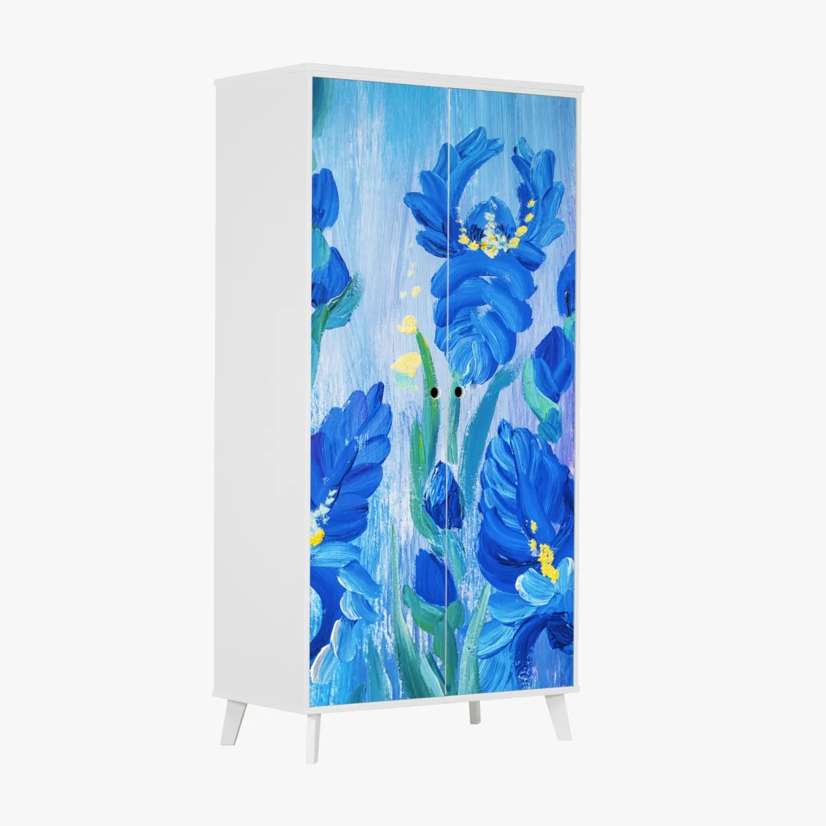 Naklejka na szafę żywy niebieski bukiet irysów – Wallissimo® Naklejka na szafę żywy niebieski bukiet irysów – Wallissimo®