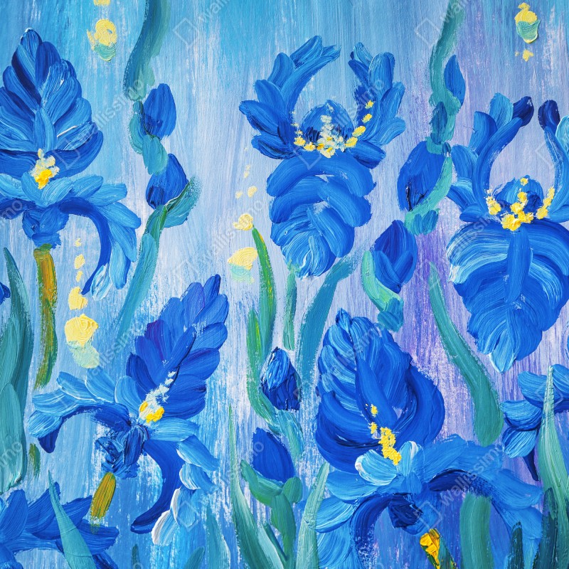 Naklejka na szafę żywy niebieski bukiet irysów – Wallissimo® Naklejka na szafę żywy niebieski bukiet irysów – Wallissimo®