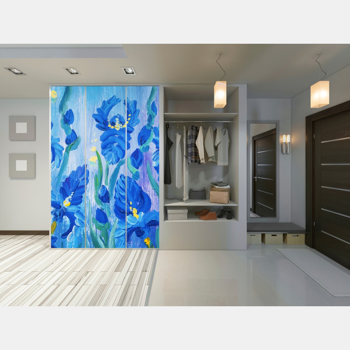 Naklejka na szafę żywy niebieski bukiet irysów – Wallissimo® Naklejka na szafę żywy niebieski bukiet irysów – Wallissimo®
