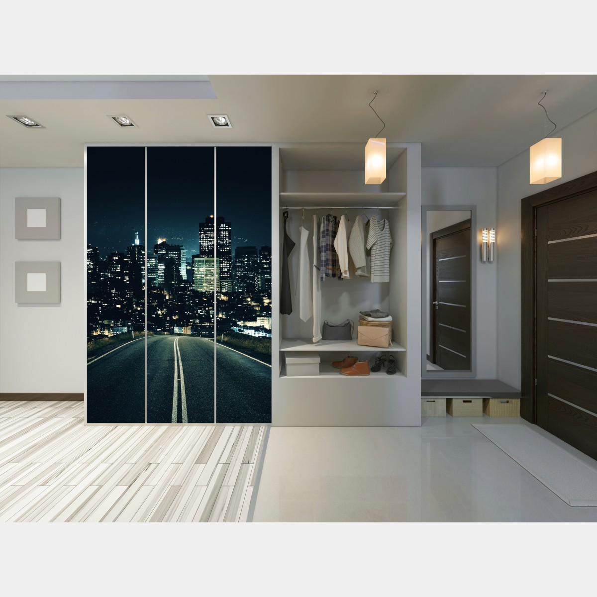 Naklejka na szafę droga prowadząca do oświetlonej panoramy miasta nocą – Wallissimo® Naklejka na szafę droga prowadząca do oświetlonej panoramy miasta nocą – Wallissimo®