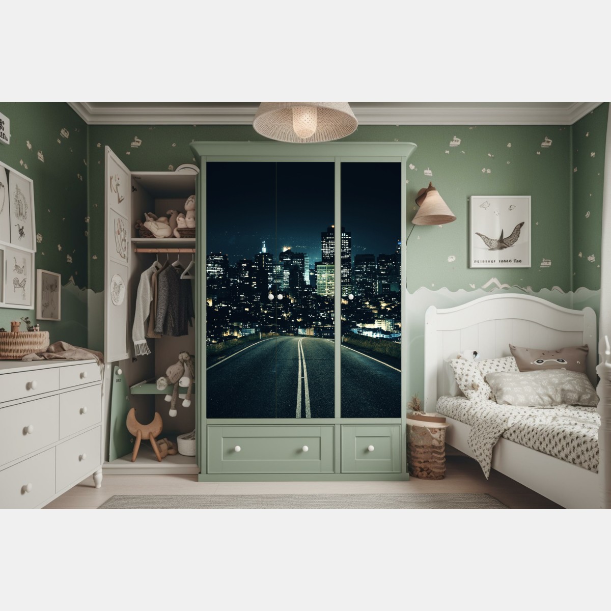 Naklejka na szafę droga prowadząca do oświetlonej panoramy miasta nocą – Wallissimo® Naklejka na szafę droga prowadząca do oświetlonej panoramy miasta nocą – Wallissimo®