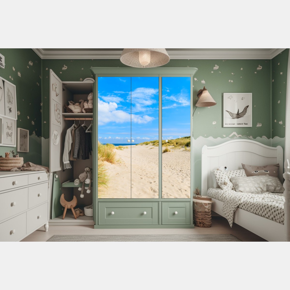 Naklejka na szafę spokojne wydmy Sylt z latarnią morską – Wallissimo® Naklejka na szafę spokojne wydmy Sylt z latarnią morską – Wallissimo®