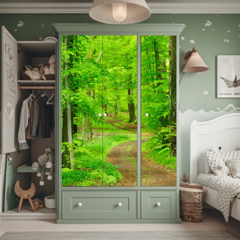 Naklejka na szafę spokojna leśna ścieżka wiosną – Wallissimo® Naklejka na szafę spokojna leśna ścieżka wiosną – Wallissimo®