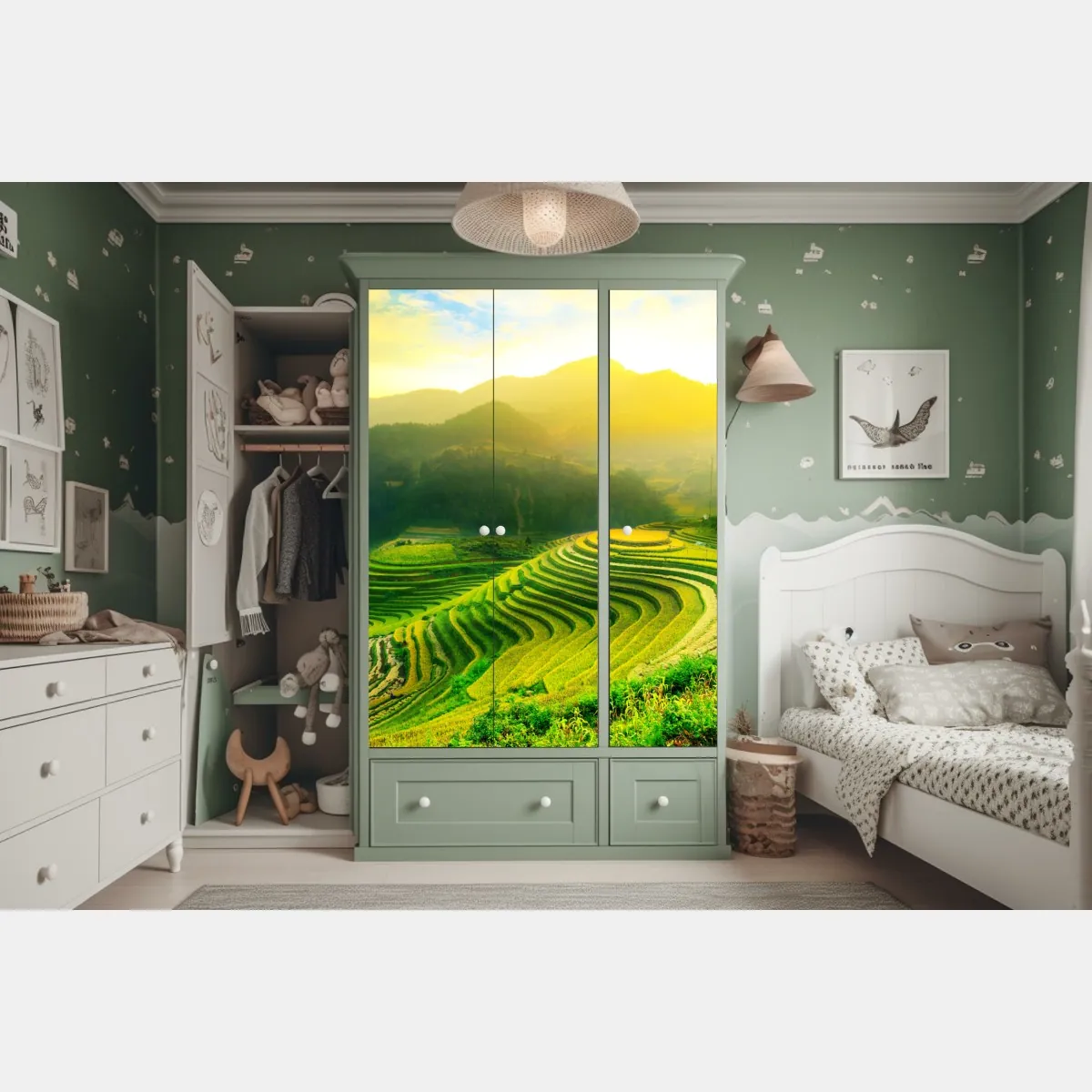 Naklejka na szafę złote tarasy ryżowe o wschodzie słońca – Wallissimo® Naklejka na szafę złote tarasy ryżowe o wschodzie słońca – Wallissimo®