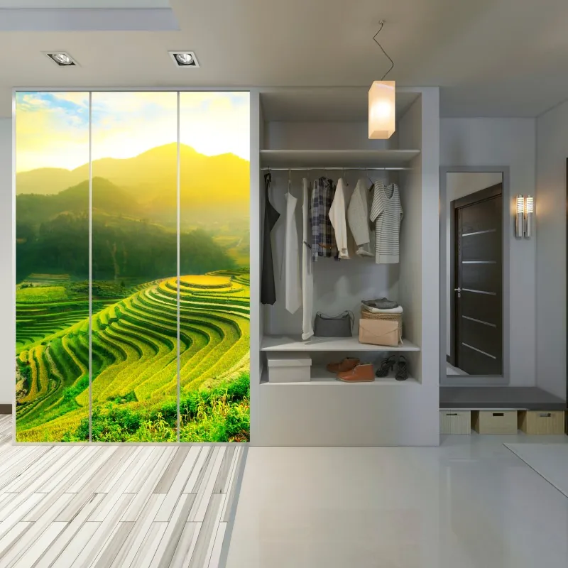 Naklejka na szafę złote tarasy ryżowe o wschodzie słońca – Wallissimo® Naklejka na szafę złote tarasy ryżowe o wschodzie słońca – Wallissimo®