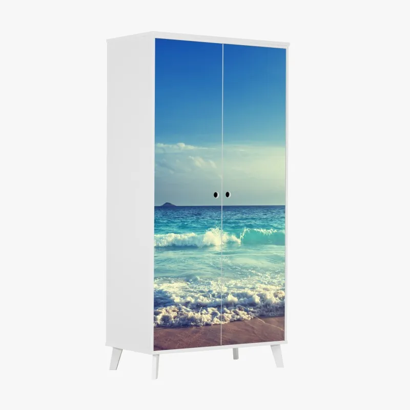 Naklejka na szafę tropikalna plaża z palmami pod błękitnym niebem – Wallissimo®