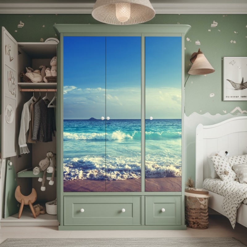 Naklejka na szafę plaża na Seszelach o zachodzie słońca – Wallissimo® Naklejka na szafę plaża na Seszelach o zachodzie słońca – Wallissimo®