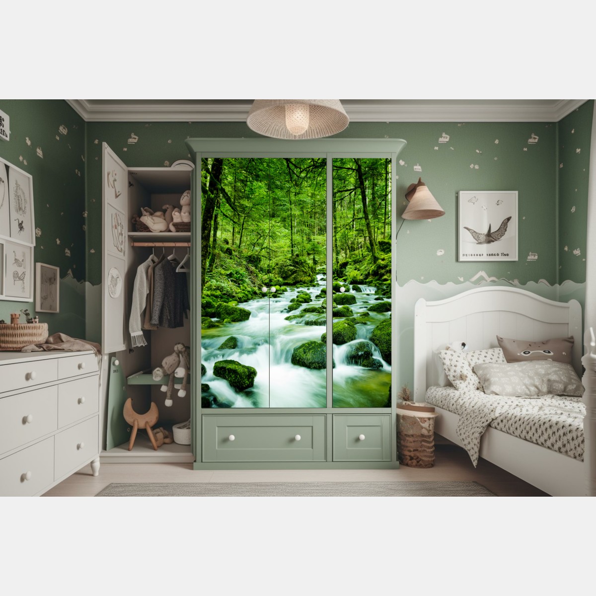 Naklejka na szafę mechowy strumień w lesie – Wallissimo® Naklejka na szafę mechowy strumień w lesie – Wallissimo®