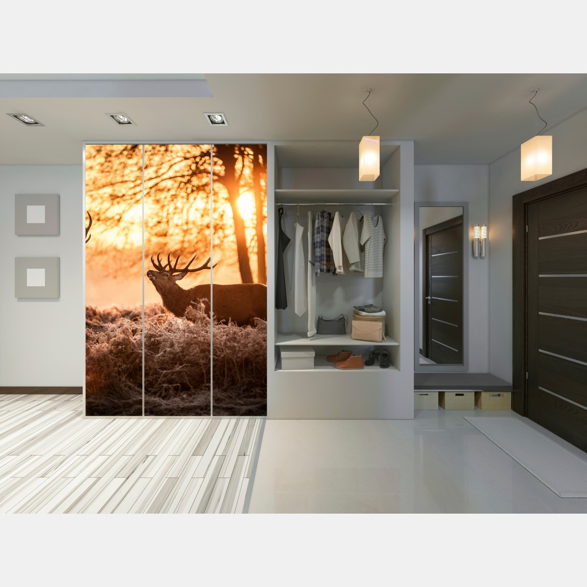 Naklejka na szafę złocisty wschód słońca z jeleniami na mroźnej łące – Wallissimo® Naklejka na szafę złocisty wschód słońca z jeleniami na mroźnej łące – Wallissimo®