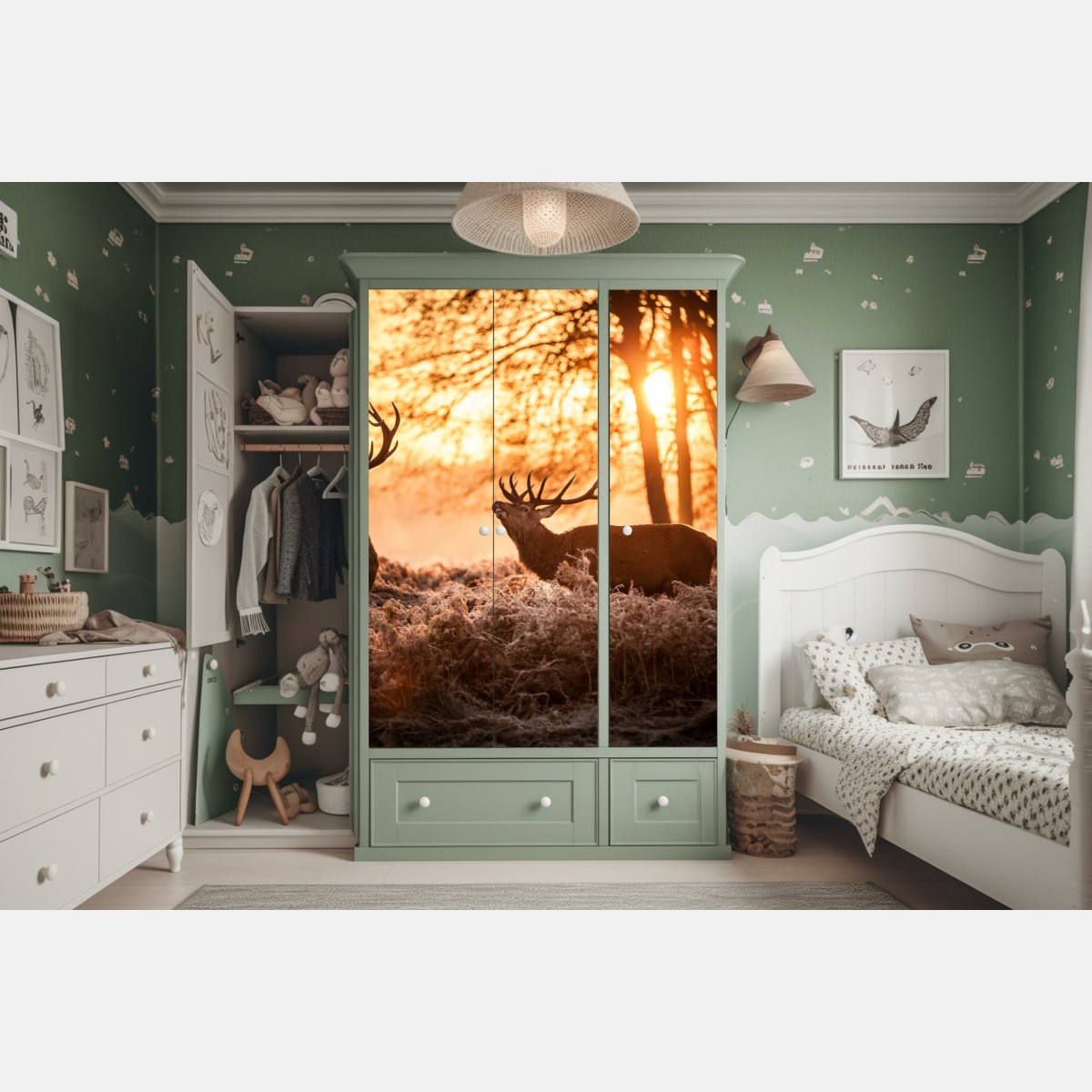Naklejka na szafę złocisty wschód słońca z jeleniami na mroźnej łące – Wallissimo® Naklejka na szafę złocisty wschód słońca z jeleniami na mroźnej łące – Wallissimo®