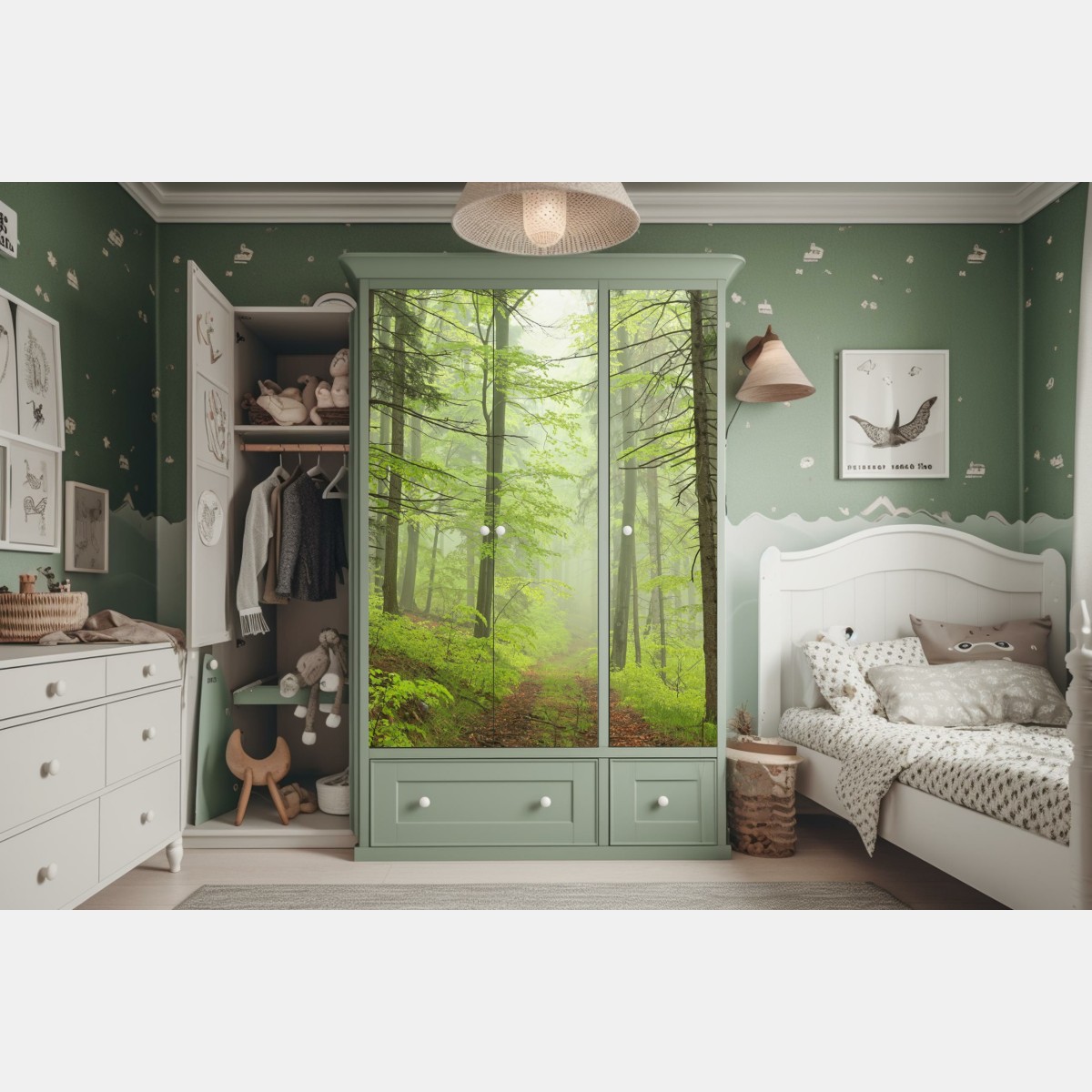Naklejka na szafę mglisty zielony leśny szlak – Wallissimo® Naklejka na szafę mglisty zielony leśny szlak – Wallissimo®