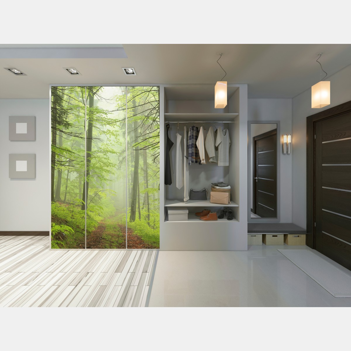 Naklejka na szafę mglisty zielony leśny szlak – Wallissimo® Naklejka na szafę mglisty zielony leśny szlak – Wallissimo®