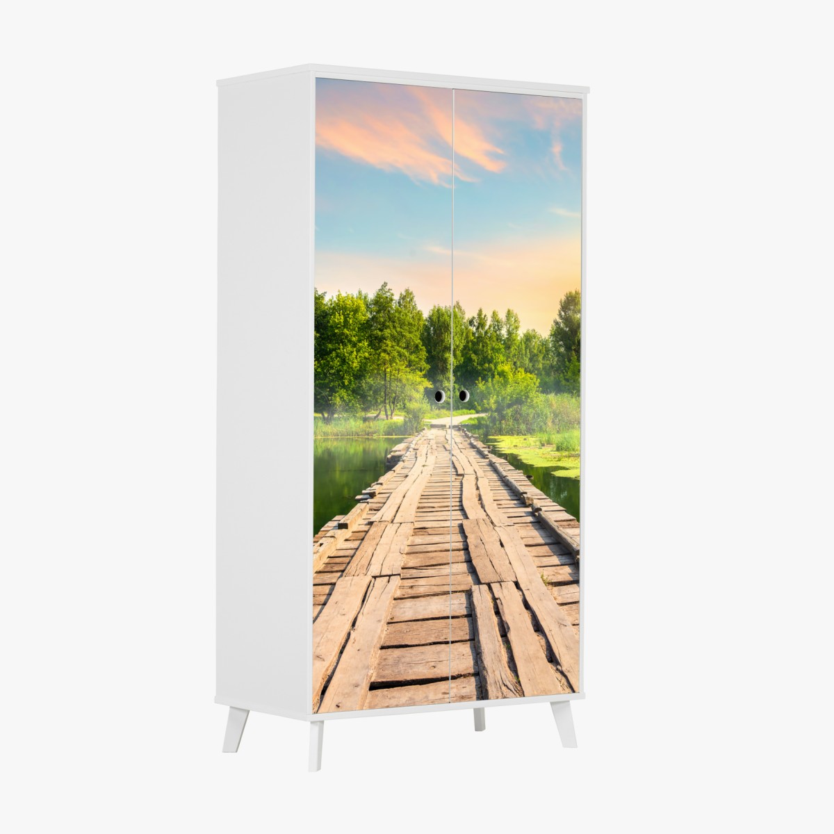 Wardrobe sticker sunlit wooden bridge over tranquil lake