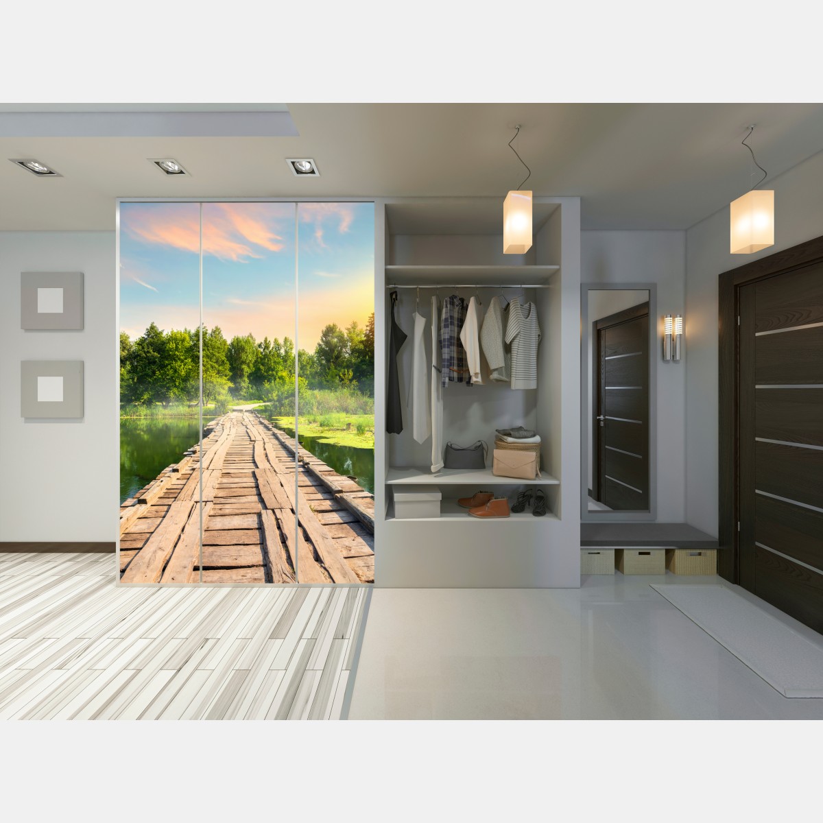 Naklejka na szafę słoneczny drewniany most nad spokojnym jeziorem – Wallissimo® Naklejka na szafę słoneczny drewniany most nad spokojnym jeziorem – Wallissimo®