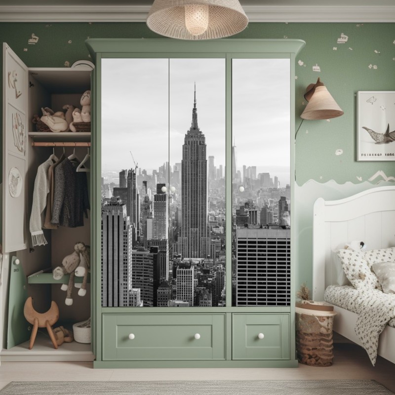 Naklejka na szafę Nowy Jork panorama w czerni i bieli – Wallissimo® Naklejka na szafę Nowy Jork panorama w czerni i bieli – Wallissimo®