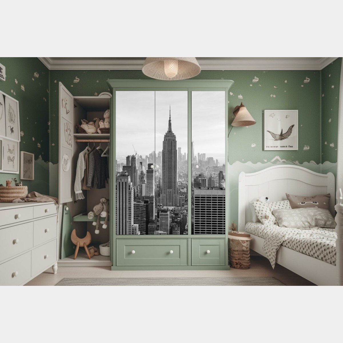 Naklejka na szafę Nowy Jork panorama w czerni i bieli – Wallissimo® Naklejka na szafę Nowy Jork panorama w czerni i bieli – Wallissimo®