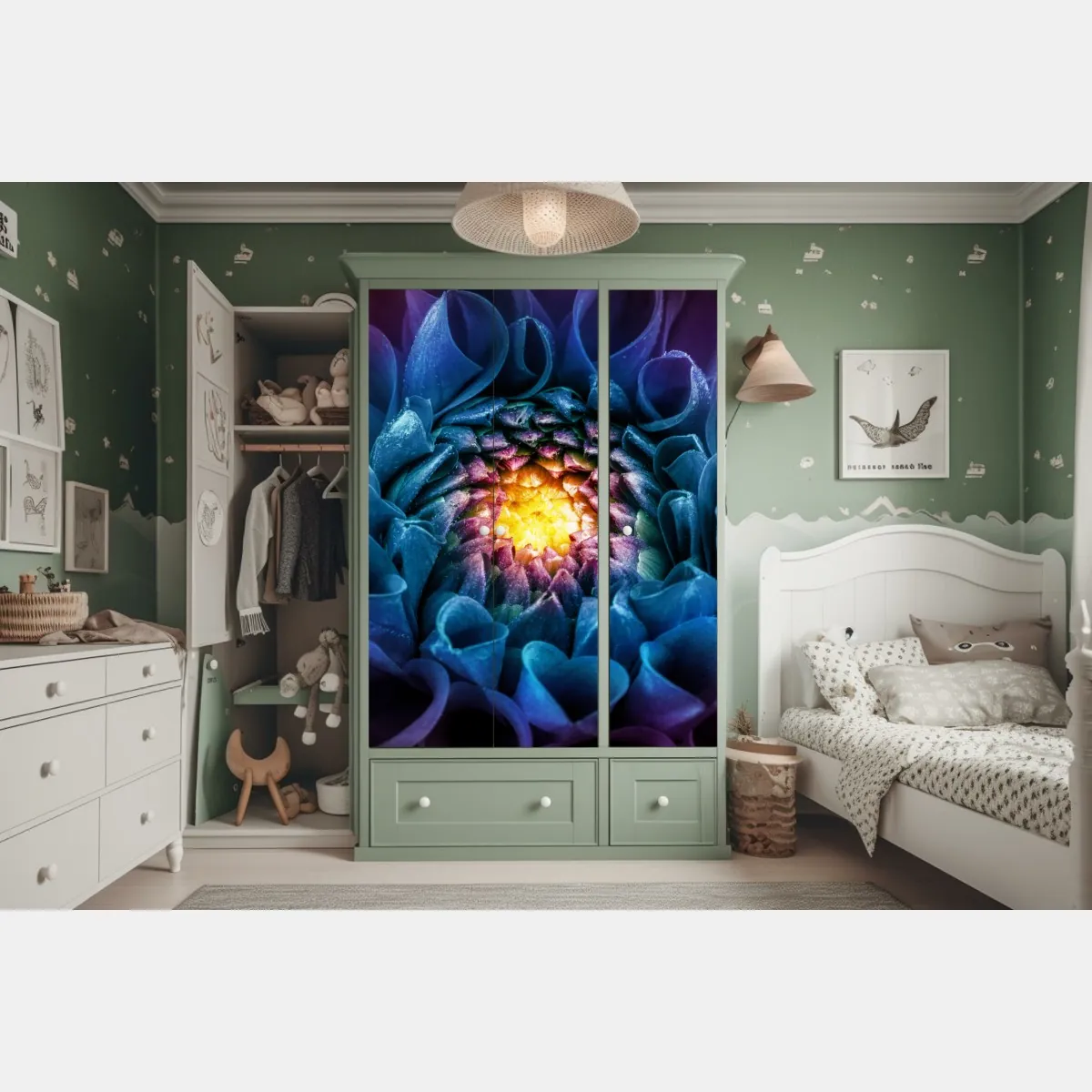 Naklejka na szafę intensywna niebieska chryzantema z bliska – Wallissimo® Naklejka na szafę intensywna niebieska chryzantema z bliska – Wallissimo®