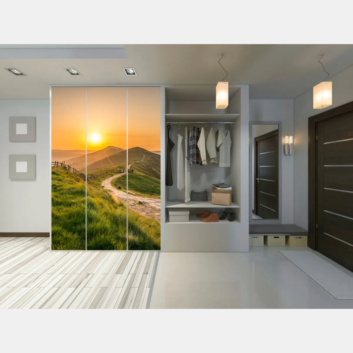 Naklejka na szafę wschód słońca nad zielonymi pagórkami – Wallissimo® Naklejka na szafę wschód słońca nad zielonymi pagórkami – Wallissimo®