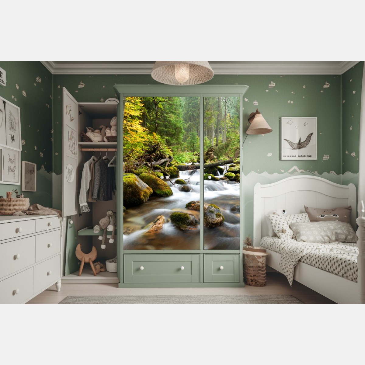 Naklejka na szafę porośnięty mchem strumień leśny – Wallissimo® Naklejka na szafę porośnięty mchem strumień leśny – Wallissimo®