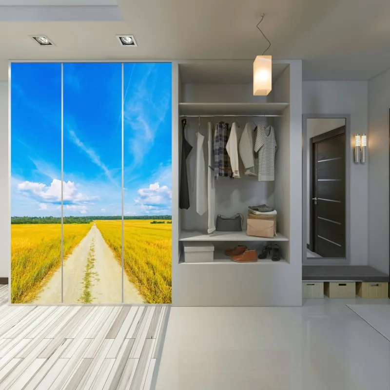 Naklejka na szafę złote pole pod szerokim błękitnym niebem – Wallissimo® Naklejka na szafę złote pole pod szerokim błękitnym niebem – Wallissimo®