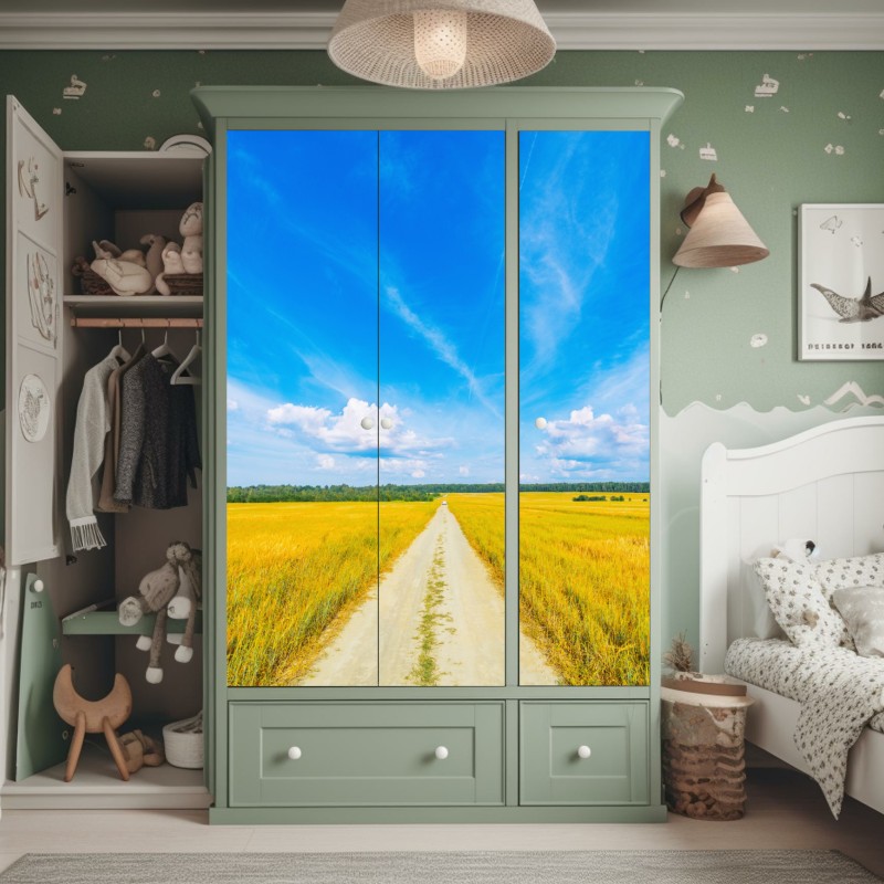 Naklejka na szafę złote pole pod szerokim błękitnym niebem – Wallissimo® Naklejka na szafę złote pole pod szerokim błękitnym niebem – Wallissimo®