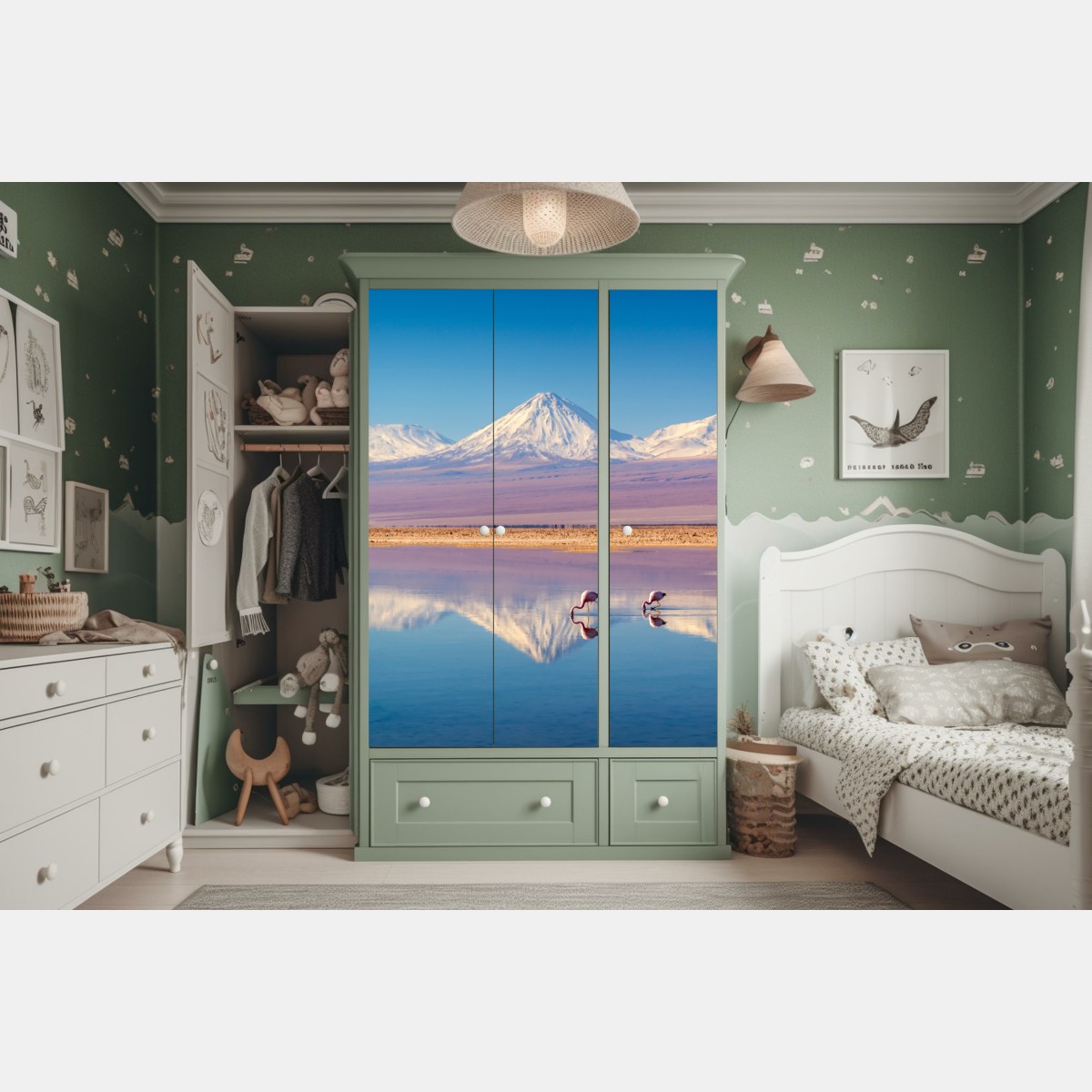 Naklejka na szafę Laguna Chaxa z flamingami i Licancabur – Wallissimo® Naklejka na szafę Laguna Chaxa z flamingami i Licancabur – Wallissimo®