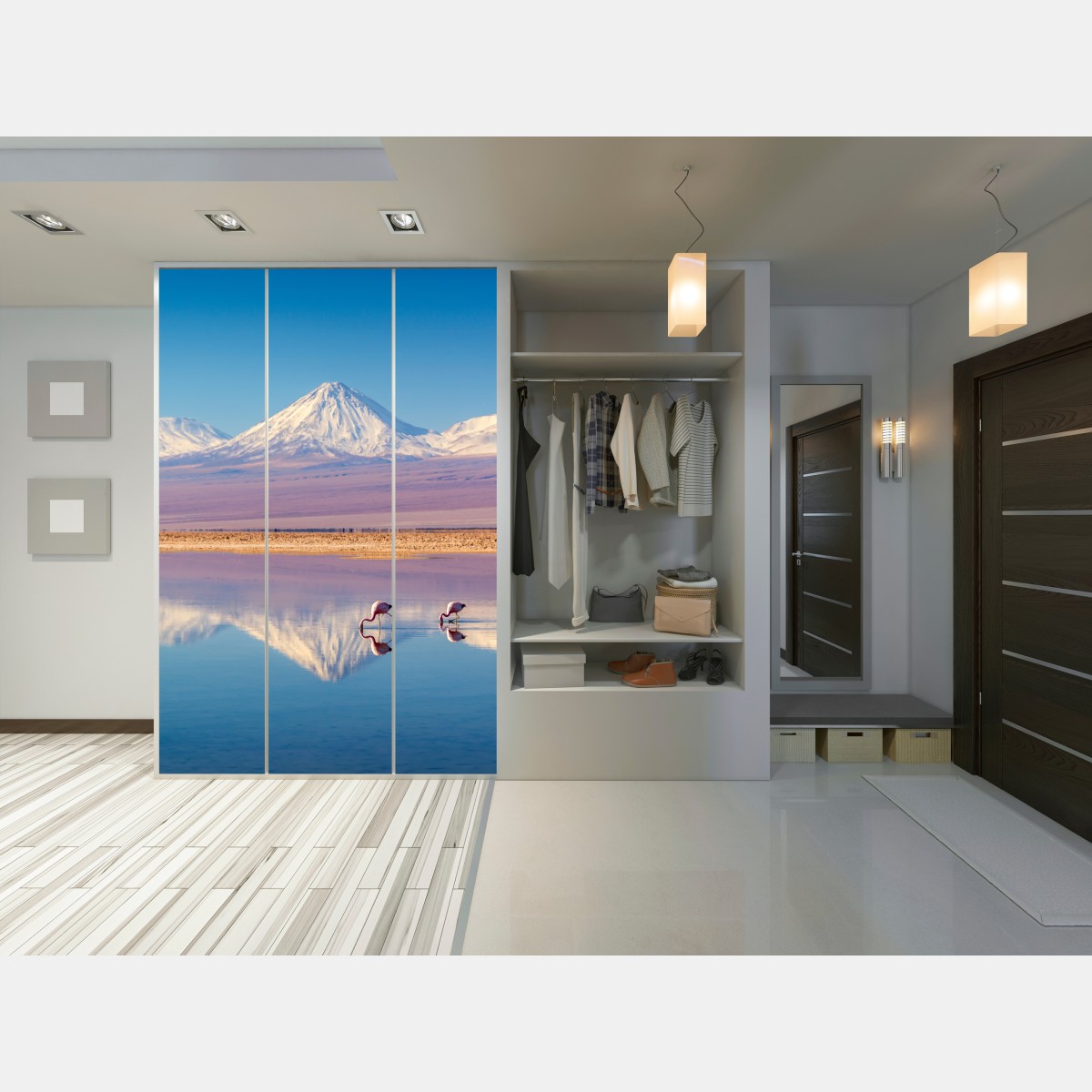 Naklejka na szafę Laguna Chaxa z flamingami i Licancabur – Wallissimo® Naklejka na szafę Laguna Chaxa z flamingami i Licancabur – Wallissimo®