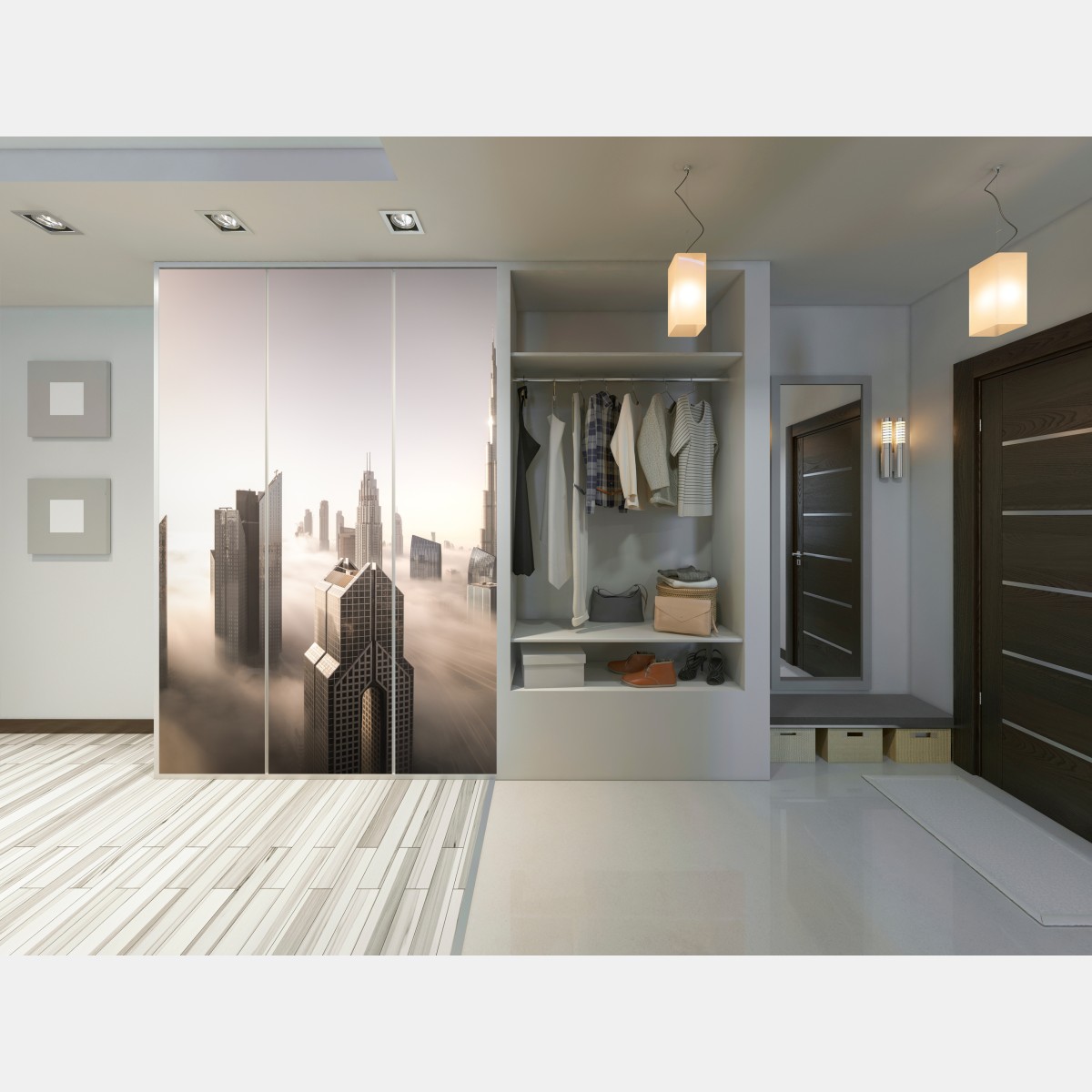 Naklejka na szafę mglista panorama Dubaju nad chmurami – Wallissimo® Naklejka na szafę mglista panorama Dubaju nad chmurami – Wallissimo®