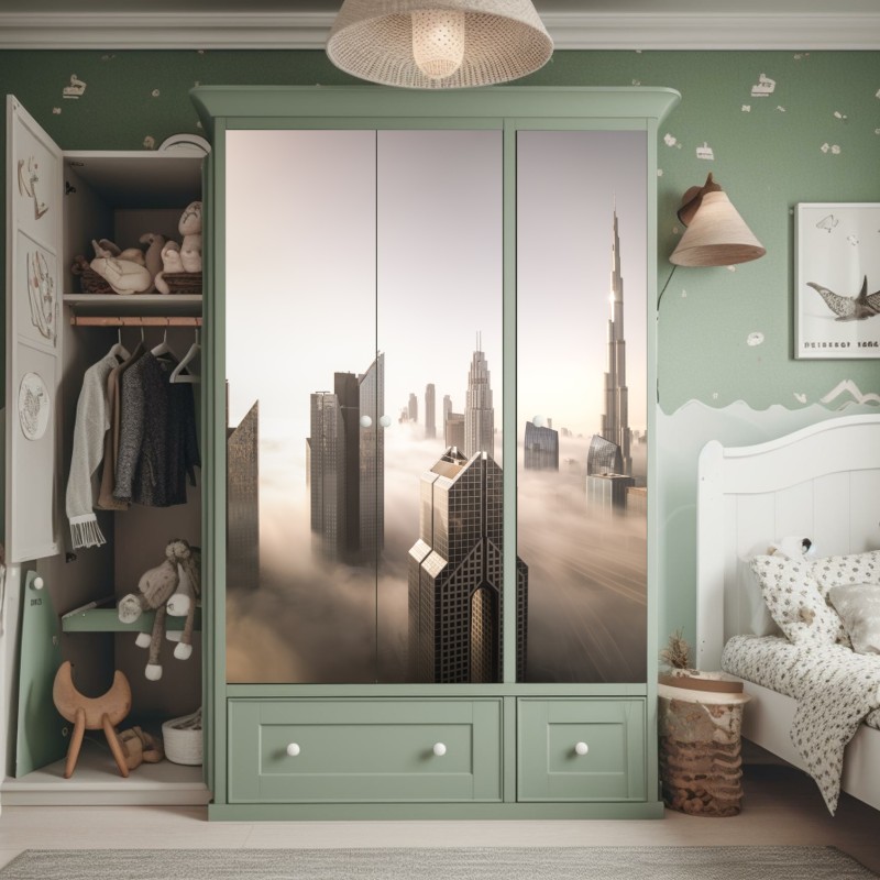 Naklejka na szafę mglista panorama Dubaju nad chmurami – Wallissimo® Naklejka na szafę mglista panorama Dubaju nad chmurami – Wallissimo®