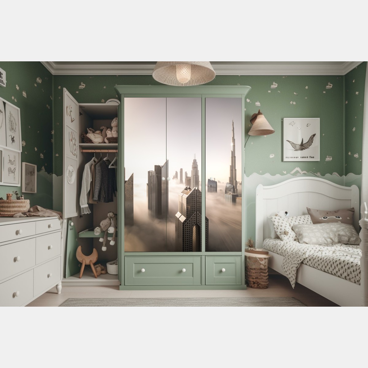 Naklejka na szafę mglista panorama Dubaju nad chmurami – Wallissimo® Naklejka na szafę mglista panorama Dubaju nad chmurami – Wallissimo®