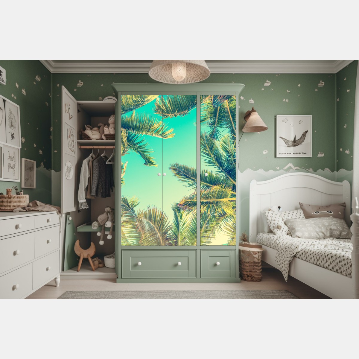 Naklejka na szafę vintage turkusowy baldachim palm – Wallissimo® Naklejka na szafę vintage turkusowy baldachim palm – Wallissimo®