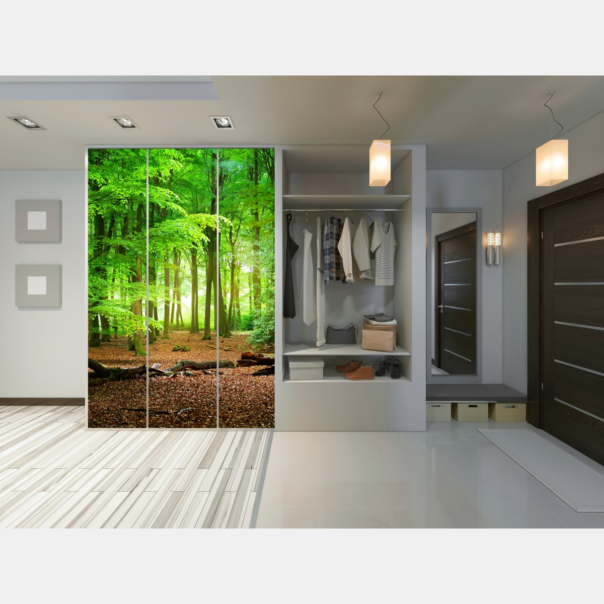 Naklejka na szafę słoneczny zielony las – Wallissimo® Naklejka na szafę słoneczny zielony las – Wallissimo®