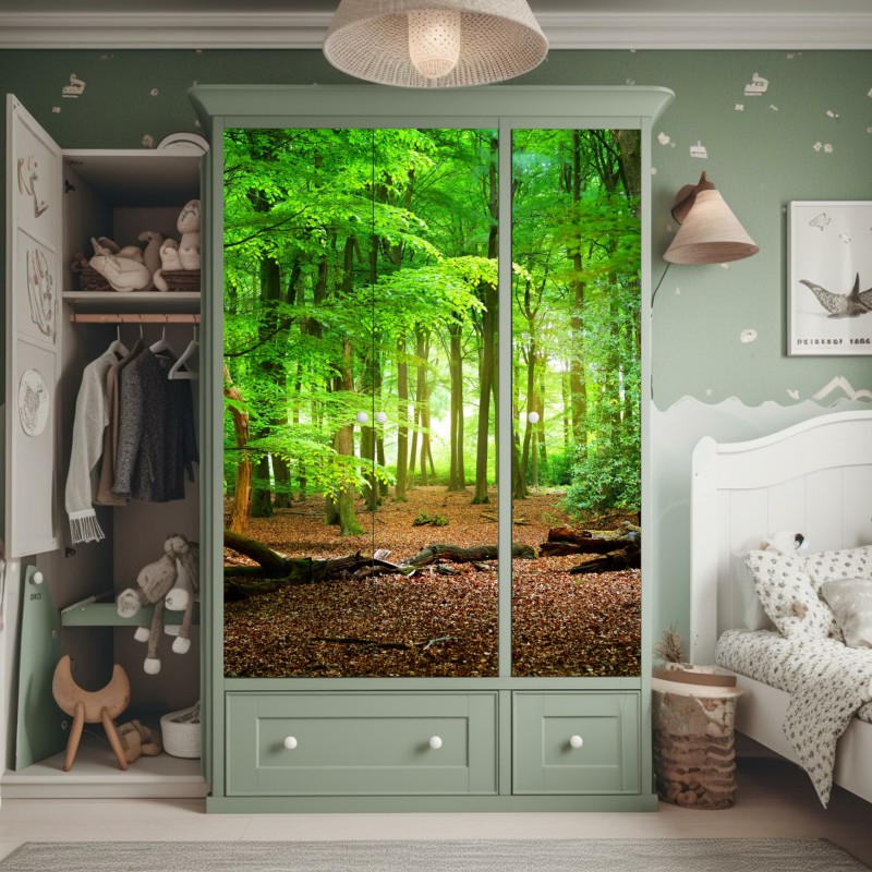 Naklejka na szafę słoneczny zielony las – Wallissimo® Naklejka na szafę słoneczny zielony las – Wallissimo®