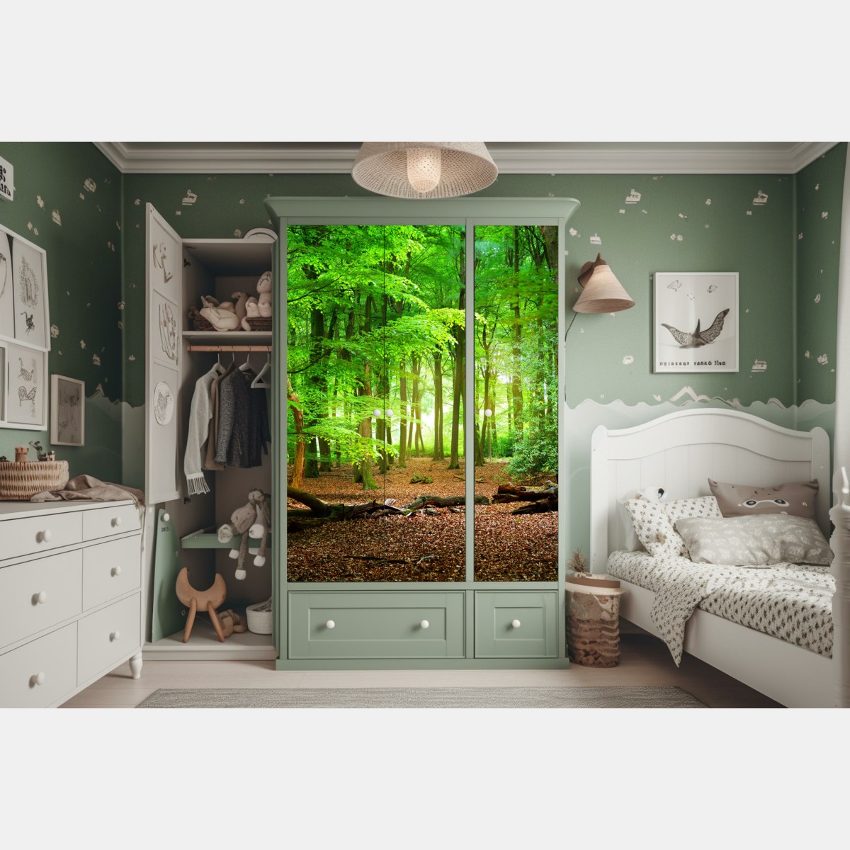 Naklejka na szafę słoneczny zielony las – Wallissimo® Naklejka na szafę słoneczny zielony las – Wallissimo®