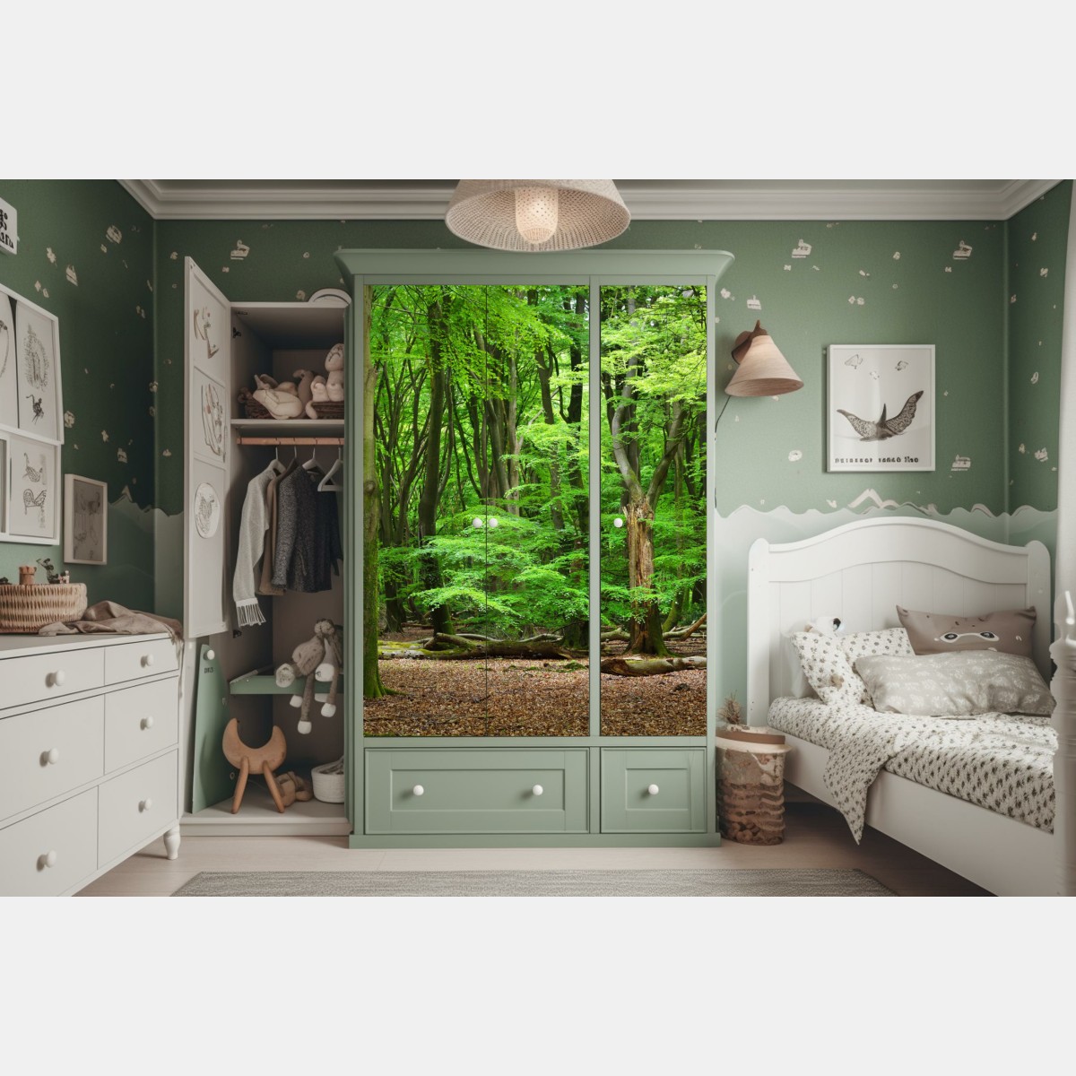 Naklejka na szafę spokojna zielona korona lasu – Wallissimo® Naklejka na szafę spokojna zielona korona lasu – Wallissimo®