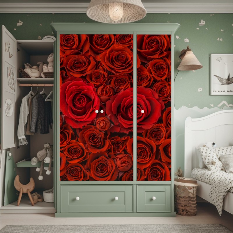 Naklejka na szafę bukiet czerwonych róż w zbliżeniu – Wallissimo® Naklejka na szafę bukiet czerwonych róż w zbliżeniu – Wallissimo®