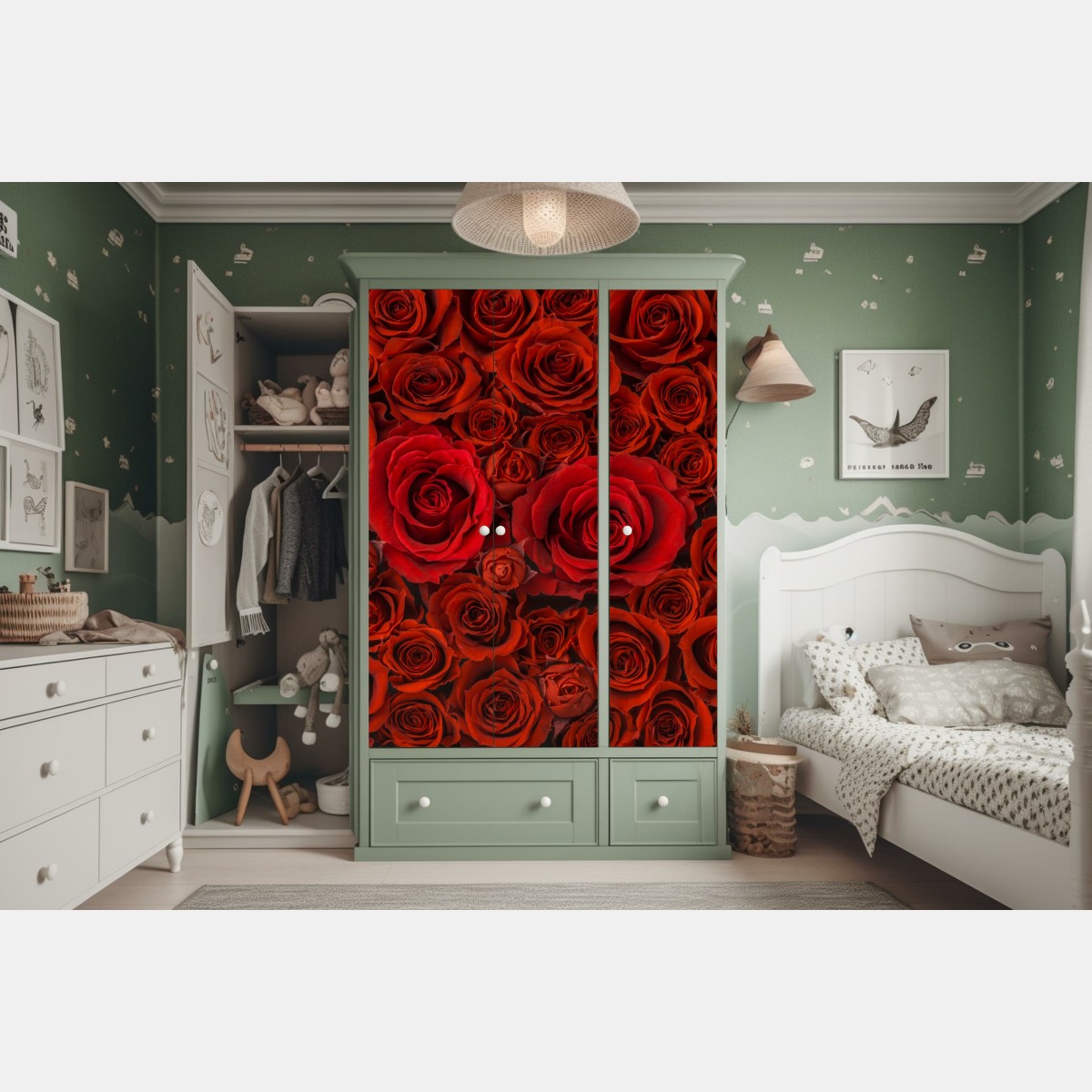 Naklejka na szafę bukiet czerwonych róż w zbliżeniu – Wallissimo® Naklejka na szafę bukiet czerwonych róż w zbliżeniu – Wallissimo®