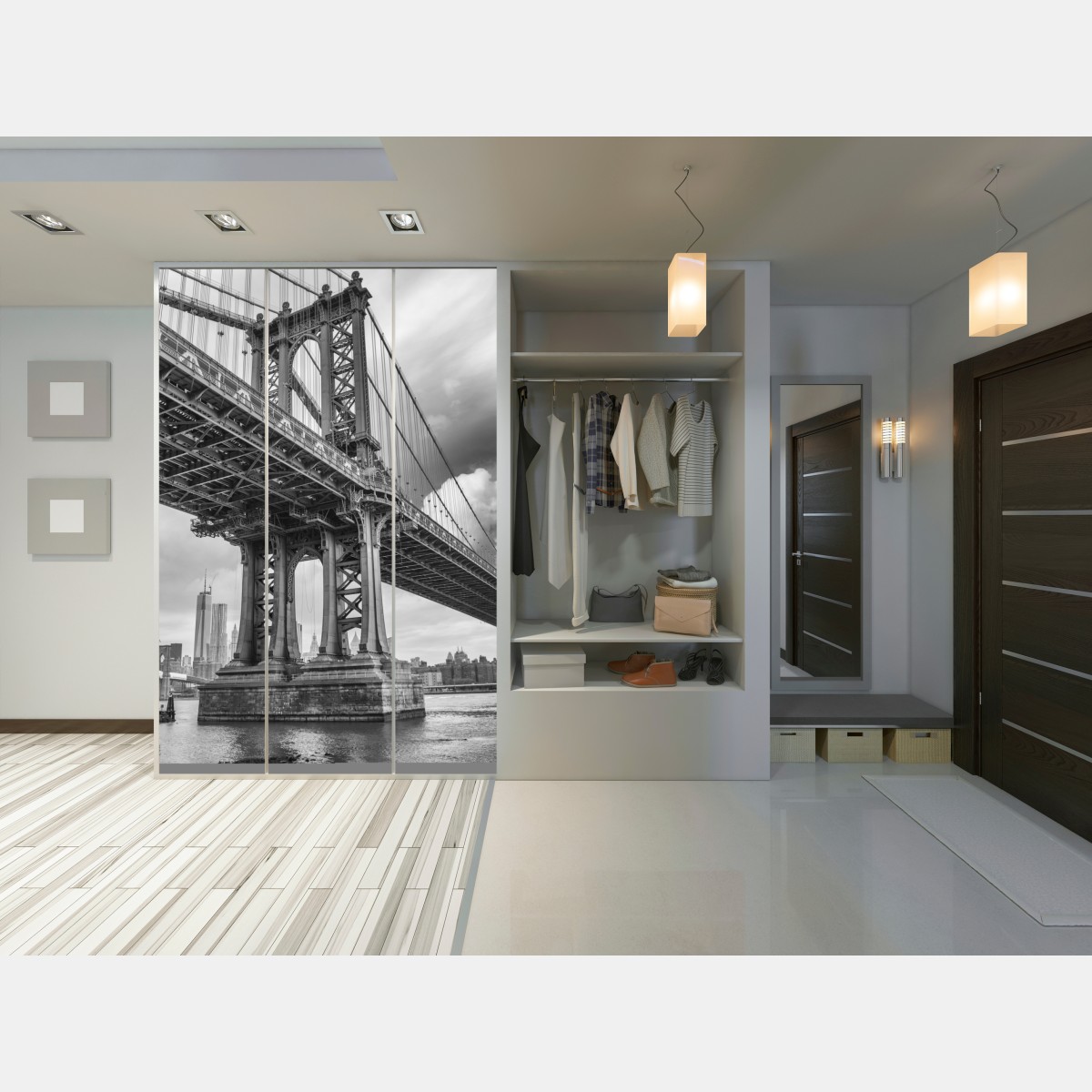 Naklejka na szafę widok z dołu na most Manhattan i panoramę Nowego Jorku – Wallissimo® Naklejka na szafę widok z dołu na most Manhattan i panoramę Nowego Jorku – Wallissimo®