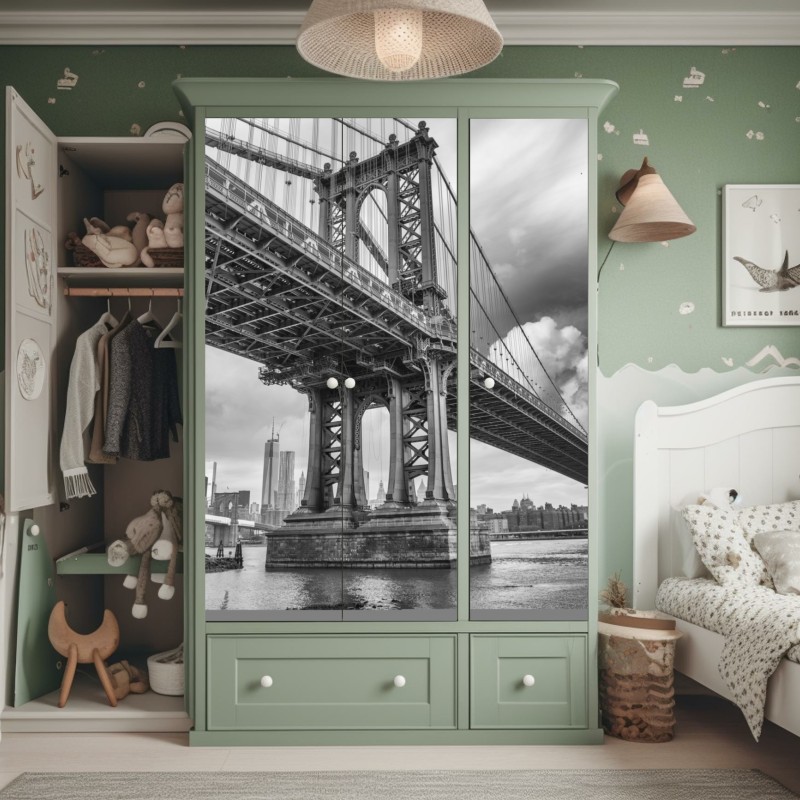 Naklejka na szafę widok z dołu na most Manhattan i panoramę Nowego Jorku – Wallissimo® Naklejka na szafę widok z dołu na most Manhattan i panoramę Nowego Jorku – Wallissimo®