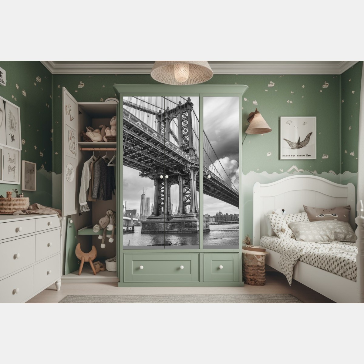 Naklejka na szafę widok z dołu na most Manhattan i panoramę Nowego Jorku – Wallissimo® Naklejka na szafę widok z dołu na most Manhattan i panoramę Nowego Jorku – Wallissimo®